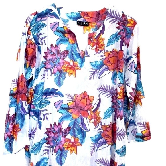 KIKISOL Tunic Top Medium Beach Coverup Cotton White Tropical Floral - Picture 3 of 9
